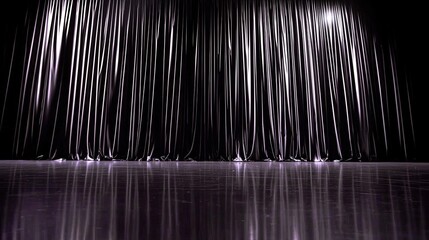 Dark stage with shimmering drapes and reflective floor.