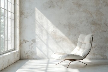 Sunlight streams into a room with a modern chair.