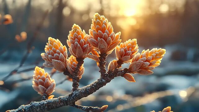 Winter buds bathed in golden sunlight