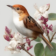A meticulously detailed illustration depicts a chestnut-crowned babbler perched gracefully amidst delicate white and pink blossoms.