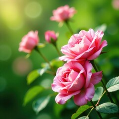 Obraz premium Pink rose blossoms against blurred green foliage, soft focus, green