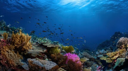 Fototapeta premium Vibrant coral reef teeming with colorful fish in deep blue ocean.
