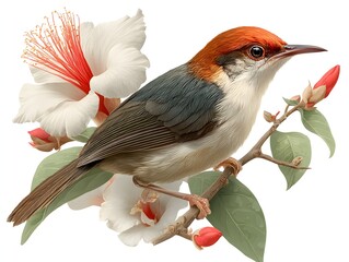 A vibrant reddish-brown bird perches delicately on a branch amidst blooming white and red hibiscus flowers.