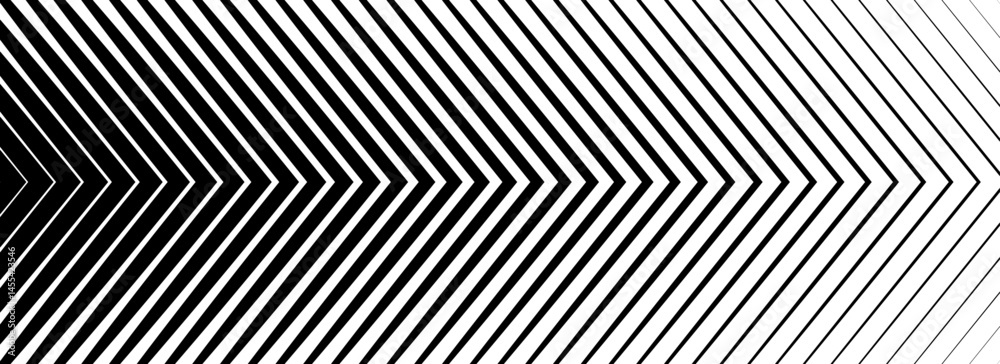 Aufkleber Black linear arrow background. Repeated triangle gradation pattern. Halftone fading angle stripe gradient texture. Thin to thick speed line concept backdrop for poster, print, cover, banner. Vector