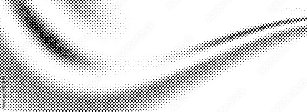 Poster black halftone dot wave pattern. abstract grain fluid texture background. dotted grit curve wallpape