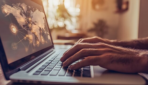 Hands typing on laptop displaying a global network map
