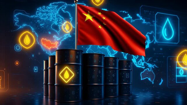 Oil Barrels with Chinese Flag and Glowing Map Icons Representing China&rsquo;s Energy Reserves, Petroleum Trade, and Global Impact

