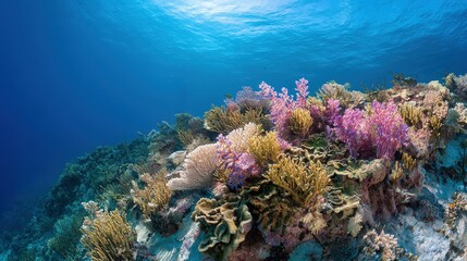 Fototapeta premium Vibrant coral reef teeming with colorful life underwater.
