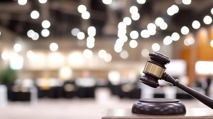 An auction gavel with a blurred auction room in the background.