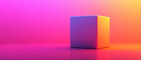 A colorful, illuminated cube sits against a gradient background of pink and orange hues, creating a modern and vibrant aesthetic.