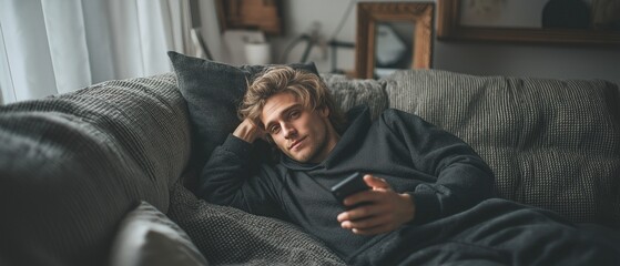 Fototapeta premium A young man looks at his phone and smiles while he rests on a couch. the comfortable setting.