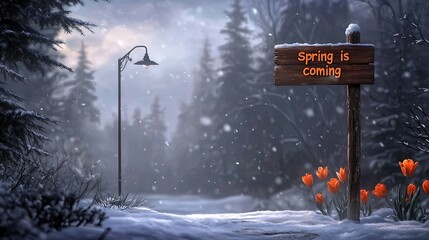 Snowy forest path in spring, with a sign.