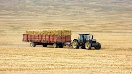 Obraz premium A tractor pulling a trailer loaded with harvested wheat.