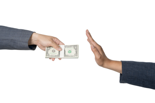 Hand gives money to the other hand. Anti corruption concept.