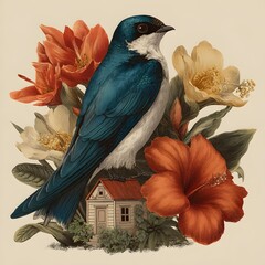 A vibrant blue bird rests serenely amidst a profusion of tropical hibiscus flowers and a quaint little cottage creating a peaceful nature scene.