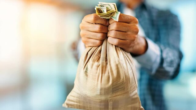 The Midas Touch: Close-up shot of a businessman's hands grasping a large burlap bag overflowing with US dollar bills, a powerful visual of wealth and financial success.  