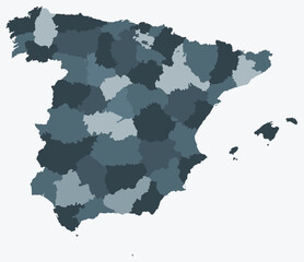 Map of Spain with regions. Just a simple country border map with region division. Blue grey color palette. Blank Spain shape with administrative division. Vector illustration.