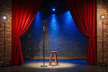 Empty comedy club stage with microphone stool red curtains and spotlight in brick wall background
