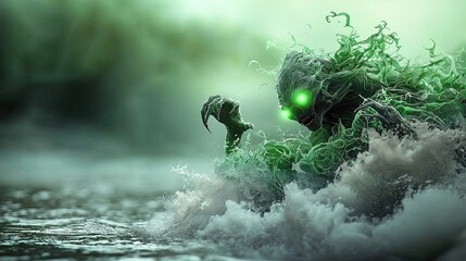 A luminous, aquatic creature emerging from a misty stream.