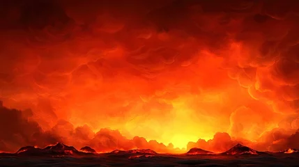 Fototapete Fiery, apocalyptic landscape with burning mountains. © miftah