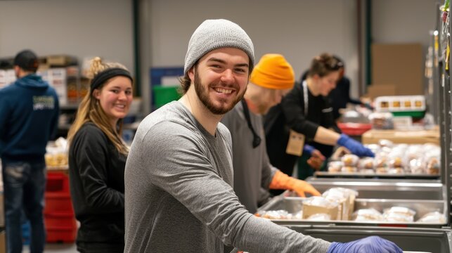 A group of people volunteering at a local food bank.