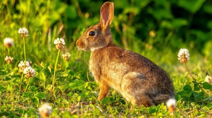 Fototapeta premium Beautiful Wild Rabbit Sitting Amongst Clover Flowers in Sunlit Green Meadow