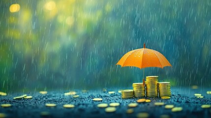 Golden coins protected by an orange umbrella during rainfall.