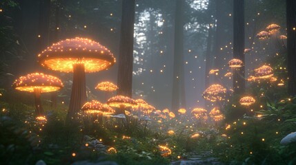 Glowing mushrooms illuminate a mystical forest pathway in a captivating twilight setting.