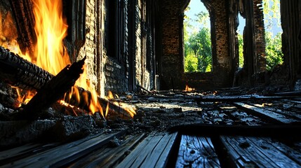 Interior view of a burned building with flames and charred wood.