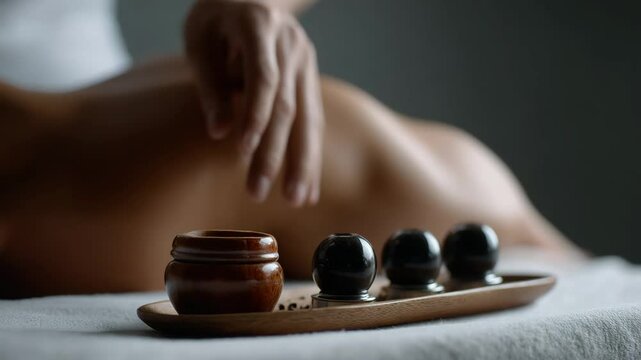 Spoon and Jar Dark Liquid on Wooden Tray with Round Objects for Relaxation and Wellness in Serene Atmosphere