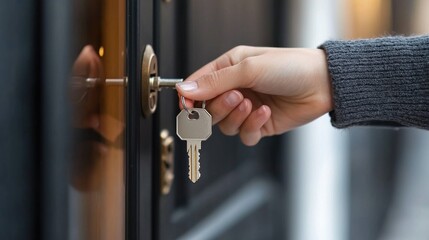 Happy family entering their new house with keys in hand.