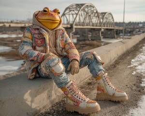 Naklejka premium A person with a frog head in colorful streetwear sits on a bridge ledge, with an arched bridge and winter scenery in the background.