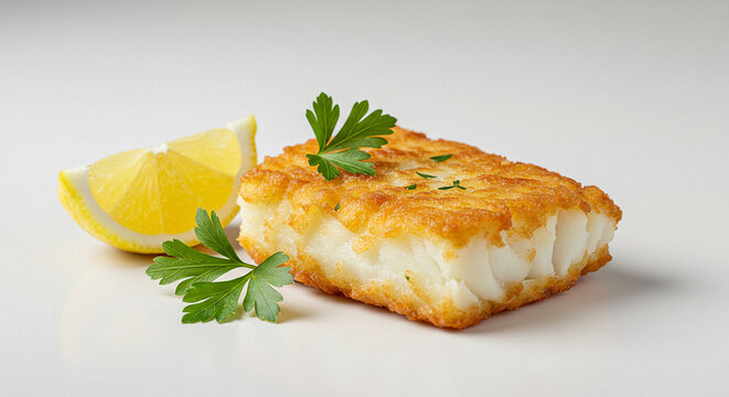Delicious fried cod fish fillet recipe with lemon and parsley garnish on white background for food blog