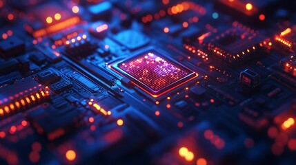 Obraz premium Close-up of a futuristic microchip with glowing circuitry in a dark, high-tech setting.
