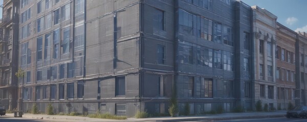 Blueprint photo effect overlay on building image, technical architectural feel, graphic design, draft, cyan