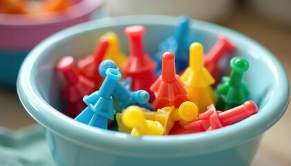 Colorful plastic clothes pegs in a washing-up bowl, laundry pegs, home, colorful background