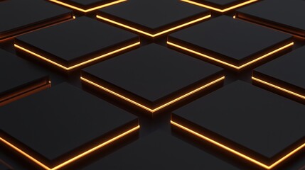 Dark geometric tiles with glowing orange edges create a modern, futuristic abstract pattern.
