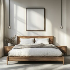 Modern bedroom interior with wooden furniture and a blank canvas.