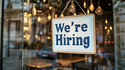 A large "We're Hiring" banner hanging in front of a business storefront.