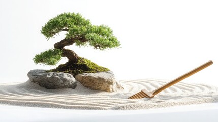 Fototapeta premium Zen Garden with Bonsai Tree and Rake