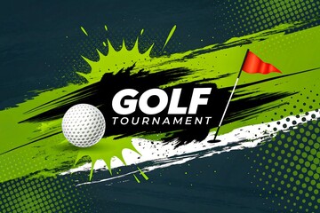Creative golf tournament banner design with golf ball, flag and abstract green brush stroke background
