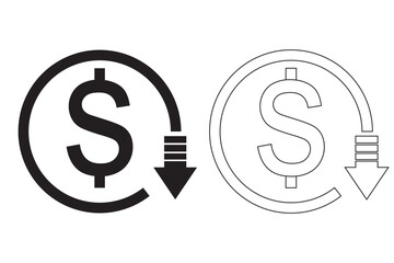 Cost reduction icon vector. dollar decrease sign. profit decrease symbol. cost saving sign. Vector illustration.