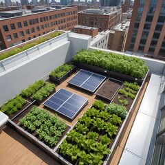 Sustainable urban rooftop farm with solar panels creating green energy system