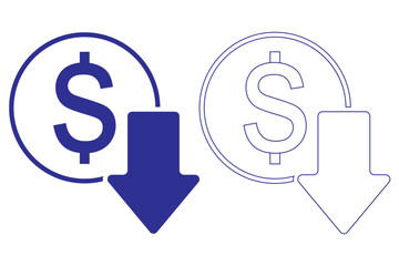 Cost reduction icon vector. dollar decrease sign. profit decrease symbol. cost saving sign. Vector illustration.