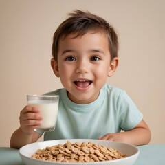 Cheerful young boy enjoying a healthy breakfast of cereal and fresh milk
