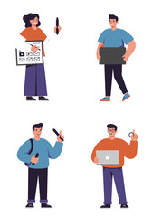 A set of 4 flat design animator characters in a clean, minimal style. Each holds animation tools, with diverse looks and a white background.