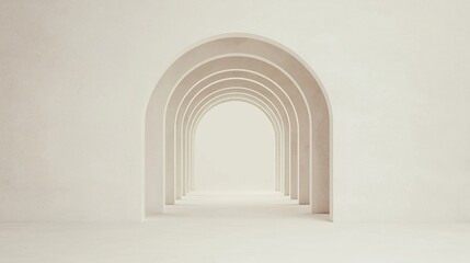 Fototapeta premium Minimalist hallway with repeated white arches creating a sense of depth and symmetry in a serene, modern space.