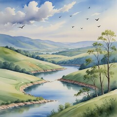 Serene watercolor vista capturing rolling hills, a tranquil river, and soaring birds