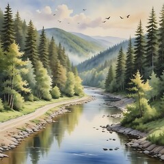 Serene waterscape landscape with forest, river and mountain, scenic view