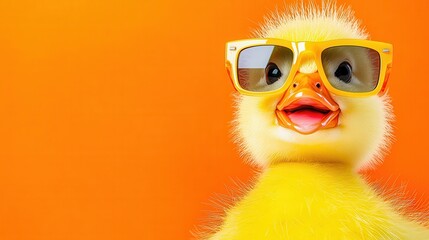 Fototapeta premium Cute Yellow Duckling Wearing Sunglasses on Orange Background